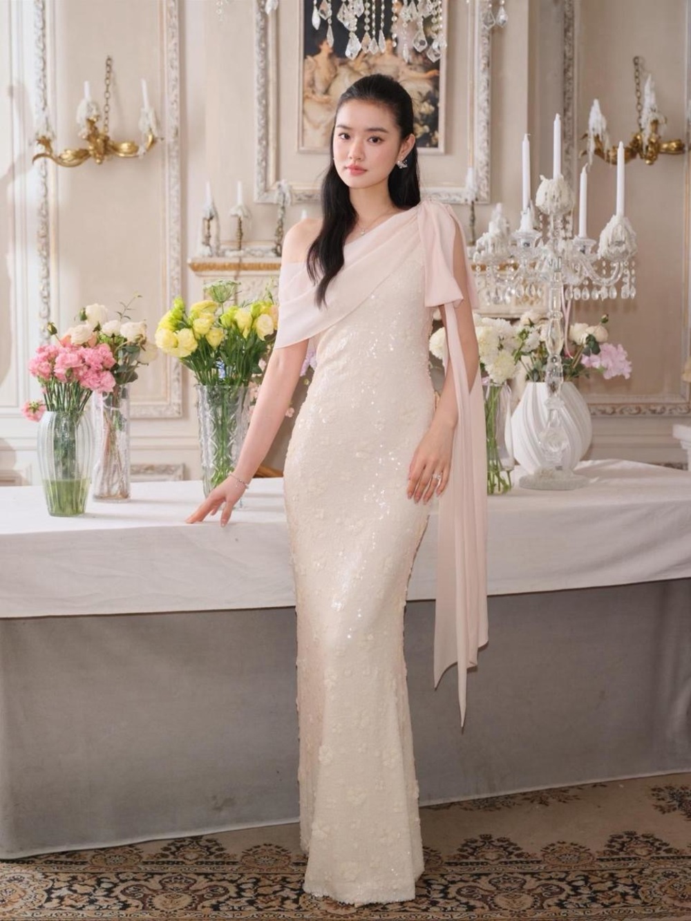 NWT J TheChosen Elegant One-Shoulder Sequin Evening Gown in Blush